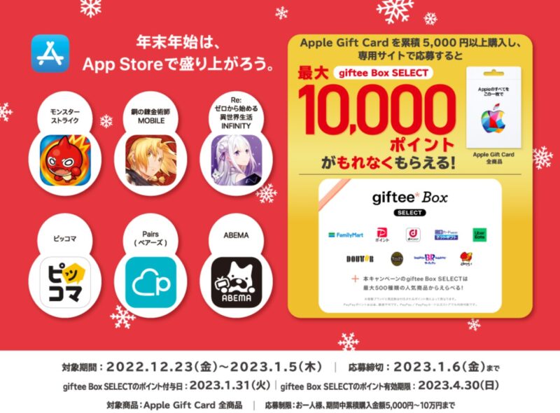 iTunesカード5,000円以上購入でGiftee Box SELECT最大10,000ポイントプレゼントキャンペーンの公式バナー
