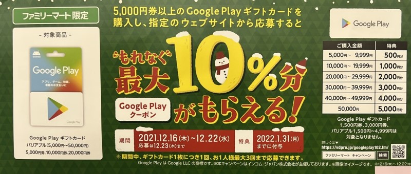 ファミリーマート限定で2021年12月に実施されていた「GooglePlayギフト10%増量キャンペーン」の張り紙